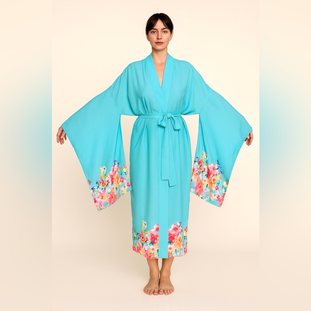 HANDMADE 🧵 Floral Aqua Kimono Robe M-XL (Handmade by me)